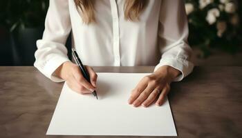 mulher escrevendo dentro espiral caderno dentro moderno bege quarto com plantas ai gerado foto