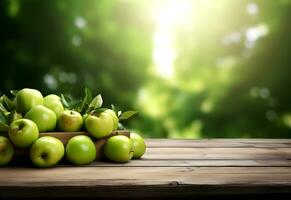 de madeira mesa com verde maçãs frutas e livre espaço em natureza borrado fundo. gerado ai. foto