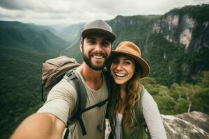 espontâneo casal viajante selfie. gerar ai foto