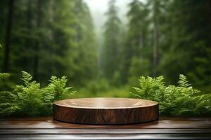 mesa topo madeira contador chão pódio dentro natureza ao ar livre . borrado verde plantar fundo. natural produtos presente posicionamento pedestal ficar de pé mostrar. foto