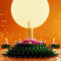 3d Renderização ilustração loy Krathong festival e sim peng festival dentro Tailândia Krathong a partir de banana folhas, flores, velas e incenso Gravetos, lua cheia, rio, e noite fundo cor. foto