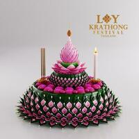 3d Renderização ilustração loy Krathong festival e sim peng festival dentro Tailândia Krathong a partir de banana folhas, flores, velas e incenso Gravetos, lua cheia, rio, e noite fundo cor. foto