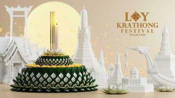 3d Renderização ilustração loy Krathong festival e sim peng festival dentro Tailândia Krathong a partir de banana folhas, flores, velas e incenso Gravetos, lua cheia, rio, e noite fundo cor. foto