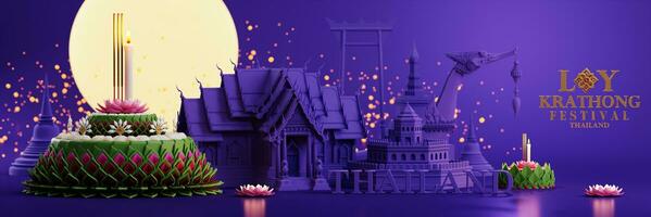 3d Renderização ilustração loy Krathong festival e sim peng festival dentro Tailândia Krathong a partir de banana folhas, flores, velas e incenso Gravetos, lua cheia, rio, e noite fundo cor. foto