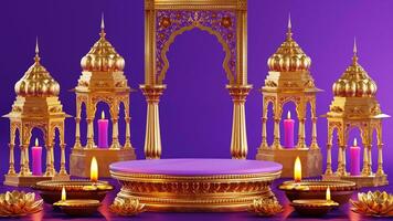 3d Renderização pódio para diwali festival Diwali, deepavali ou dipavali a festival do luzes Índia com ouro diya em pódio, produtos, promoção oferta, apresentação pedestal 3d Renderização em fundo foto