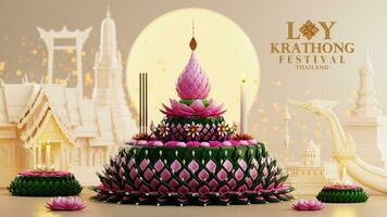 3d Renderização ilustração loy Krathong festival e sim peng festival dentro Tailândia Krathong a partir de banana folhas, flores, velas e incenso Gravetos, lua cheia, rio, e noite fundo cor. foto