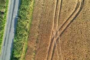 Alto ângulo cenas do britânico agrícola fazendas às campo panorama perto luton cidade do Inglaterra ótimo Grã-Bretanha do Reino Unido. cenas estava capturado com drones Câmera em agosto 19, 2023 foto