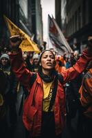 clima mudança ativistas comício com uma mulher dentro a Holofote foto