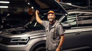 jovem lindo masculino dentro boné em pé perto carro e olhando às Câmera. às trabalhos fazer compras aberto carro gorro generativo ai foto