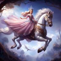 encantado equestre sobe, majestoso Princesa equitação a céu em uma alado corcel. ai gerado foto