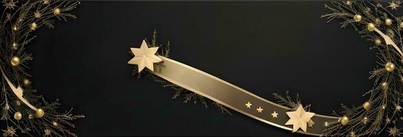 a elegante Natal saudações bandeira com dourado redemoinho fitas graciosamente enrolamento por aí brilhando estrelas em uma rico Preto fundo foto