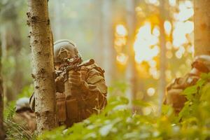 uma grupo do moderno guerra soldados é brigando uma guerra dentro perigoso controlo remoto floresta áreas. uma grupo do soldados é brigando em a inimigo linha com moderno armas. a conceito do guerra e militares conflitos foto