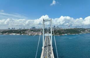 Istambul bósforo ponte e cidade Horizonte dentro fundo com turco bandeira às lindo pôr do sol, aéreo deslizar órbita e rastreamento tiro foto