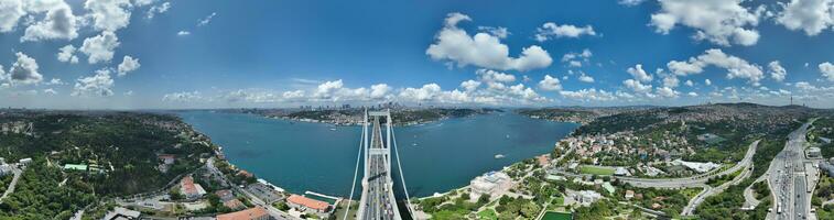 Istambul bósforo ponte e cidade Horizonte dentro fundo com turco bandeira às lindo pôr do sol, aéreo deslizar órbita e rastreamento tiro foto