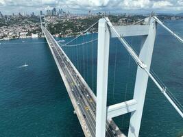 Istambul bósforo ponte e cidade Horizonte dentro fundo com turco bandeira às lindo pôr do sol, aéreo deslizar órbita e rastreamento tiro foto