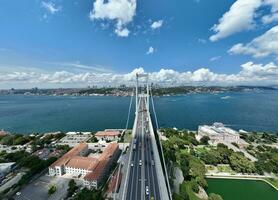 Istambul bósforo ponte e cidade Horizonte dentro fundo com turco bandeira às lindo pôr do sol, aéreo deslizar órbita e rastreamento tiro foto