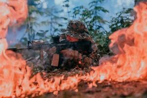 uma soldado lutas dentro uma floresta de guerra área cercado de fogo foto