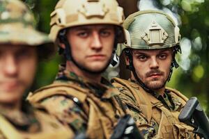 soldado lutadores em pé juntos com armas. grupo retrato do nos exército elite membros, privado militares companhia militares, anti terrorista pelotão foto