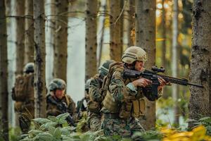 uma grupo do moderno guerra soldados é brigando uma guerra dentro perigoso controlo remoto floresta áreas. uma grupo do soldados é brigando em a inimigo linha com moderno armas. a conceito do guerra e militares conflitos foto