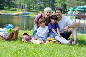 família feliz jogando juntos em um piquenique ao ar livre foto