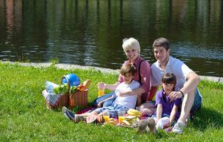 família feliz jogando juntos em um piquenique ao ar livre foto