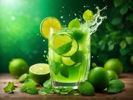 Lima fruta fatiar, folhas e verde suco splash. Mojito bebida, gerar ai foto