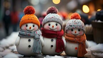 Natal fundo com sorridente bonecos de neve com lã chapéus e lenços. alegre Natal feriado papel de parede foto