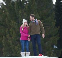 casal se divertindo e andando com sapatos de neve foto