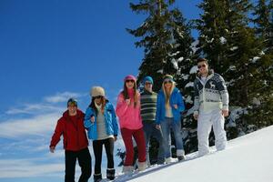 amigos se divertem no inverno na neve fresca foto