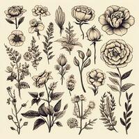 Preto e branco desenhos do flores e plantas, mão desenhos foto
