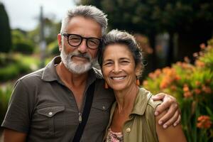 a Mais velho casal abraçando dentro uma cozinha foto