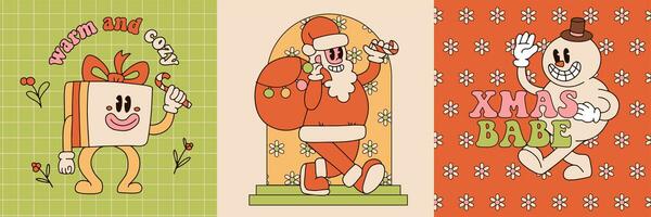 groovy Natal cumprimento cartões definir. presente caixa, santa Papai Noel, boneco de neve personagens dentro na moda retro desenho animado estilo. alegre Natal e feliz Novo ano cumprimento poster, imprimir, festa convite. vetor foto