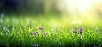 exuberante verde Relva em Prado dentro manhã luz, Primavera verão ao ar livre fechar-se, cópia de espaço, Largo formatar. uma lindo artístico representação do a pureza e frescor do natureza. ai gerado foto