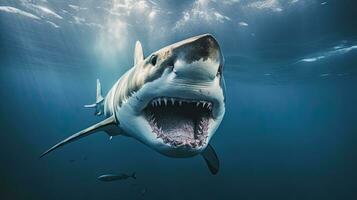 retrato assustador branco Tubarão aparecendo dentro a mar ai generativo foto