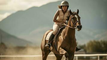 retrato mulher equitação uma cavalo dentro uma raça ai generativo foto