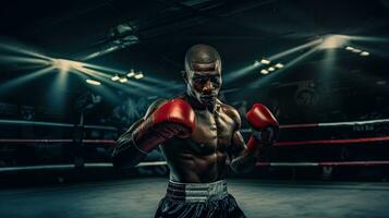 retrato do uma profissional boxer dentro uma brigando pose ai generativo foto