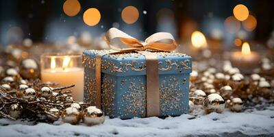 ouro presente caixa em a neve com Natal enfeites decoração em borrado brilhando luzes fundo. festivo bandeira estilizado composição. ai gerado foto