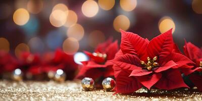 Natal poinsétia flores decoração com Natal enfeites bolas sobre espumante fundo. festivo bandeira composição com cópia de espaço. ai generativo foto