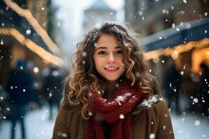 jovem mulher em Natal mercado com Nevado clima, goza inverno feriado clima. ai generativo foto