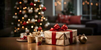ouro presente caixa com Natal enfeites decoração em borrado brilhando Natal árvore luzes fundo. festivo bandeira estilizado composição. foto