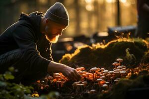 meio envelhecido homem colheita cogumelos dentro a outono floresta. colheita estação e lazer pessoas, outono conceito. foto