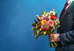 homem dentro uma terno segurando uma ramalhete do flores com festivo ouropel e confete em uma Sombrio azul fundo com cópia de espaço. gerado ai. foto