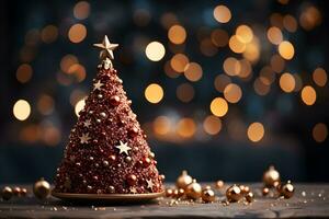 criativo vermelho Natal árvore com ouro bolas e brilhar em borrado, espumante luzes fundo. festivo brincar bandeira com enfeites decoração e cópia de espaço. foto