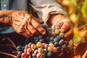 fechar acima do agricultor masculino mãos colheita vermelho uva. orgânico frutas, colheita e agricultura conceito. gerado ai. foto