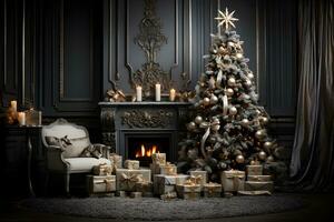 lindo Natal árvore com decoração dentro acolhedor quarto interior com lareira, velas e presente caixas. foto