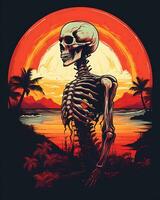 dia das Bruxas esqueleto vintage pôr do sol ilustração retro cor 2d fundo foto
