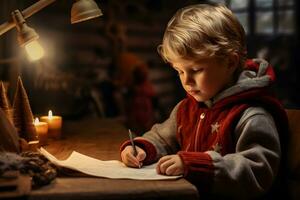uma pequeno Garoto escrevendo uma carta para santa noel. Natal desejos às acolhedor casa interior. foto