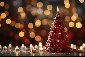 criativo vermelho Natal árvore com bolas, brilhar e velas em borrado, espumante luzes fundo. festivo brincar bandeira com enfeites decoração e cópia de espaço. foto