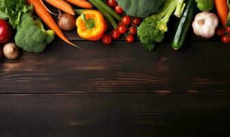 legumes em velho madeira mesa fundo. topo visualizar. vegetariano orgânico Comida bandeira. criada de ai Ferramentas foto