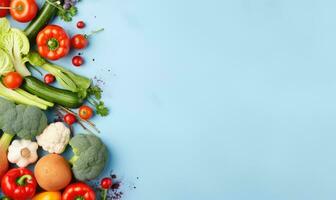 topo Visão legumes em azul fundo. vegetariano orgânico Comida bandeira. criada de ai Ferramentas foto